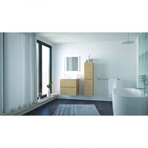 Ondee - zen - Meuble salle de bain trendy - 60 cm - Bois - 2 Tiroirs - Miroir athena