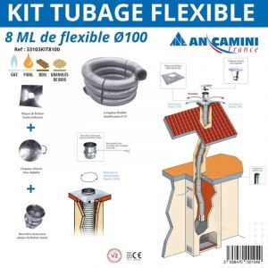 AN CAMINI Kit tubage flexible &Oslash;100 &ndash; 8 m&egrave;tres &ndash; double peau inox &ndash; avec plaque de finition, chapeau chinois et raccord