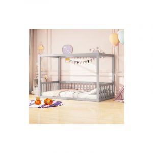 Okwish - Lit simple 90x200 cm, lit enfant avec baldaquin, en bois massif, gris, sans mateals