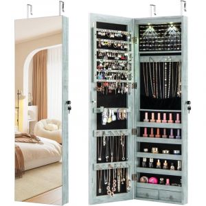 GOPLUS Armoire &agrave; Bijoux avec Miroir, Armoire a Bijoux Murale avec &Eacute;clairage LED, 2 Tiroirs, Fixer au Mur ou &agrave; Suspendre sur Porte, pour Ranger