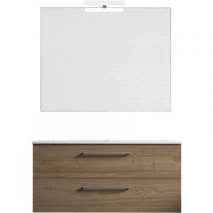 Ensemble de salle de bain meuble suspendu 100cm double classic bois clair - Vasque - Miroir - Applique