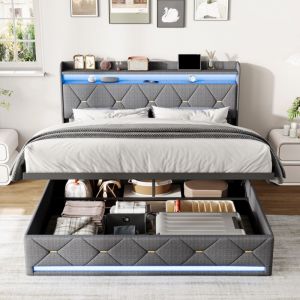 Lit Coffre Double 140x200 cm en Tissu Lin avec Sommier, Lit Adulte avec Rangement Hydraulique, T&ecirc;te de Lit Capitonn&eacute;e avec &Eacute;clairage LED, &Eacute;tag&egrave;res et