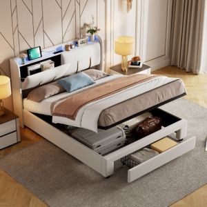 Lit coffre 140x190cm, tissu velours, avec interface de chargement USB et Type-C, 1 tiroir, Lit double avec tête de lit éclairée par LED, sommier à