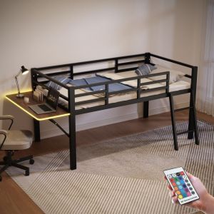 Lit mezzanine 90x200 cm, avec bureau rabattable, LED, escalier, cadre en m&eacute;tal, sommier &agrave; lattes en bois, cl&ocirc;ture de s&eacute;curit&eacute;, lit enfant princesse