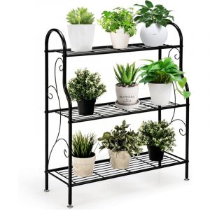 3 Niveaux Support pour Plantes en Métal, Étagères Ouvertes et Pieds Réglables, Étagère en Fer Imperméable pour Utilisation Intérieure et Extérieure,