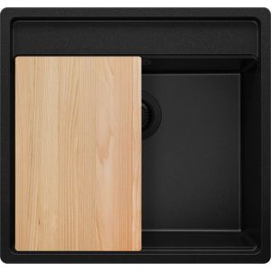 PRIMAGRAN Evier d'angle en Granit 56x53cm, Lavabo Cuisine 1 bac + Kit de Vidage + Planche à Découper, Évier à Encastrer au meuble 60cm - Bergen, Tout