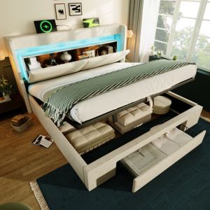 Lit coffre adulte 160x200 cm LED avec USB/USB-C, 1 tiroir, sommier &agrave; lattes, t&ecirc;te de lit avec rangement, sans matelas, lin beige