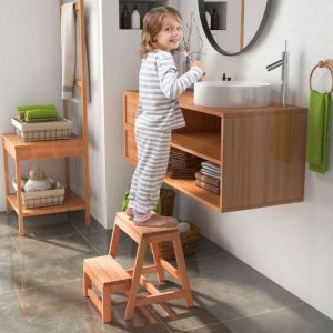 Tabouret Pliable en Bois &agrave; 2 Marches Escabeau Multifonction pour Enfants Et Adultes Marchepied L&eacute;ger Naturel