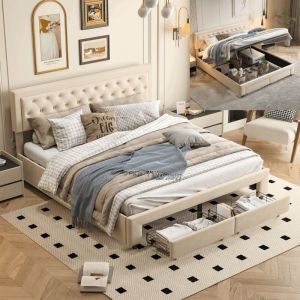 Lit 160x200,lit coffre 160x200,lit 160x200 avec sommier,lit adulte,lit double,avec deux tiroirs,Conception de rivets,Velours,Beige