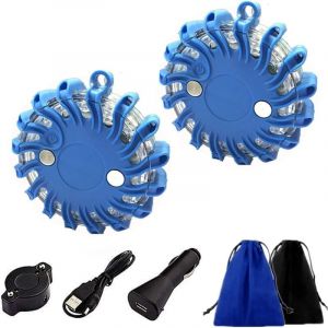 2pcs Balise De Signalisation Lumineuse,LED Lamp d'Avertissement USB Rechargeable avec Base magnétique/Sac de Rangement (Bleu)
