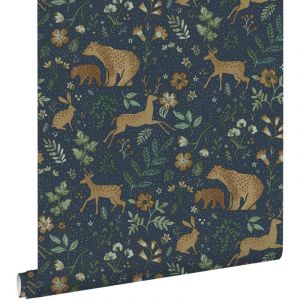 papier peint for&ecirc;t avec des animaux de la for&ecirc;t bleu fonc&eacute; et beige - ESTAhome