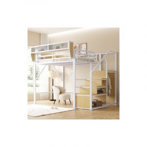 Lit mezzanine 140x200 cm avec &eacute;chelle et &eacute;tag&egrave;re de rangement, structure en m&eacute;tal, sans matelas, blanc