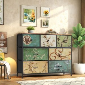 Commode, meuble TV, structure m&eacute;tallique, 7 tiroirs, tissu, tiroirs de salon &agrave; motif floral vintage, plateau en bois, convient pour chambre et salon