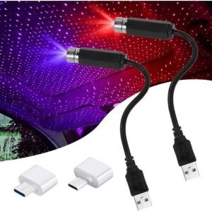 Lumi&egrave;re d'ambiance LED, 2 USB toit ciel &eacute;toil&eacute; lumi&egrave;re d'ambiance projecteur LED veilleuse rouge r&eacute;glable en plusieurs modes, romantique USB voiture