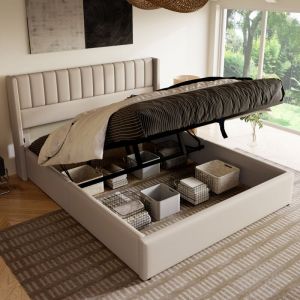 Okwish - Lit coffre 160x200 cm, lit double rembourré, lit adulte hydraulique avec sommier à lattes en bois massif, tissu en lin beige, sans matelas