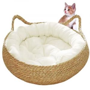 Lit de panier de chat, lit de chat tiss&eacute; de 17 pouces avec coussin doux, lit de chaton en forme d'oreille de chat, panier de chat en osier rond