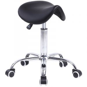 Tabouret Selle de Cheval Tabouret &agrave; roulettes r&eacute;glable en Hauteur 45-61 cm en Cuir PU Noir - KKTONER