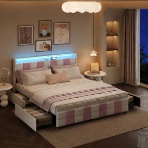 Lit adulte 160x200 avec tiroirs, lit 160x200, lit double, lit capitonn&eacute;, t&ecirc;te de lit souple, LED et ports USB, blanc et rose, velours