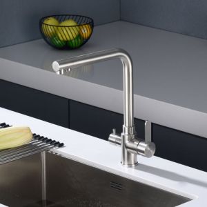 Mitigeur de cuisine 3 Voies, Robinet de cuisine avec 2 Leviers pour l'Eau Chaude/Froide et l'Eau Filtrée, Mitigeur évier rotatif à 360° en Acier
