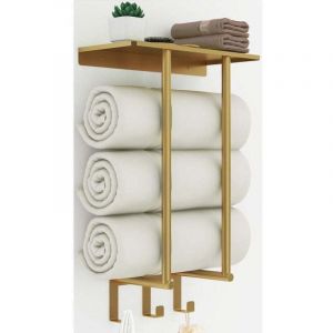 Porte Serviette Salle de Bain, Porte Serviette Murale Dor&eacute; Mat Support Serviette Salle de Bain avec &Eacute;tag&egrave;re et 3 Crochet M&eacute;tal Rangement Serviette