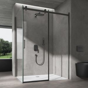 Cabine de Douche Noir en Angle 80x100x195cm Montage Réversible Porte Coulissante avec Receveur de Douche Blanc Verre de Sécurité Transparent 8mm avec