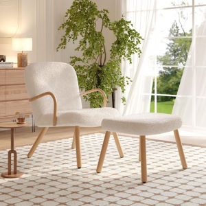 Fauteuil Relaxant avec Ottomane/Repose-Pieds, Pieds en Bois Clair &ndash; Design Confortable et &Eacute;l&eacute;gant - en Tissu Bouclette Cr&egrave;me