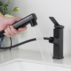 Robinet de salle de bain noir avec douchette extractible, robinet de lavabo haute pression avec 3 types de jets, mitigeur monocommande extensible