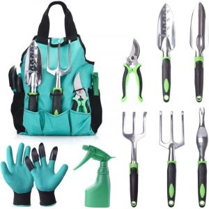 Kit d'Outils de Jardinage 9 Pi&egrave;ces Ergonomiques avec S&eacute;cateur, Truelle, Transplanteuse, R&acirc;teau, Sarcloir, Fourchette &agrave; Main, Organisateur de de