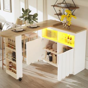 Table de Bar LED Extensible 205&times;39&times;100 cm Bar &agrave; Manger Rotatif 360&deg; Blanc avec Rangement, Roulettes, Portes et Plateau en Bois