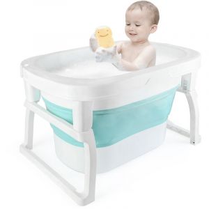 Baignoire Pliable BéBé, Plastique Bain Bebe, avec Capteur de Température et tabouret, Capacité de charge maximale 100 kg, Bleu, 74,2x51x42,2cm