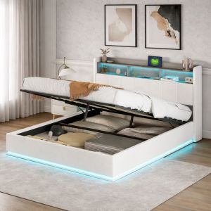 Lit coffre 160x200 cm, avec &eacute;clairage LED et port USB, lit double capitonn&eacute; avec rangement et tete de lit, pour adultes et adolescents, velours, blanc