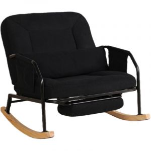 Fauteuil &agrave; bascule g&eacute;ant extra large avec repose-pieds - Rocker confortable inclinable en m&eacute;tal et bois avec coussin rembourr&eacute; en velours c&ocirc;tel&eacute; noir