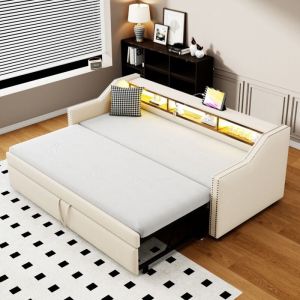 Canap&eacute;-lit gain de place avec lit escamotable Lit Simple 90/180x190cm. Rangement, LED, USB, sommier lattes, beige (sans Matelas)
