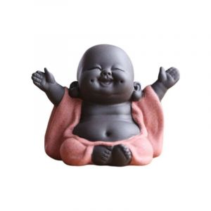 Statue de Bouddha rieur Maitreya en céramique - Décoration de thé - Petit moine - Accessoires de décoration (Style Happy Smile, Orange)-RAPANDA