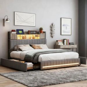 Lit double 140 x 190, lit adulte 140 x 190 avec tiroirs, avec port USB et LED, rangement t&ecirc;te de lit, tiroir de rangement, lin gris