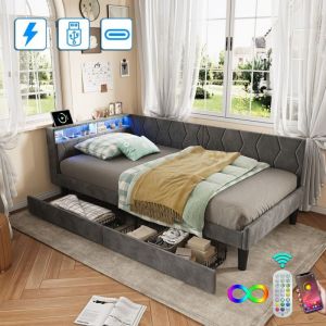 Lit double 90x200 cm avec 2 tiroirs, t&ecirc;te de lit LED, rangements int&eacute;gr&eacute;s, chargement USB + Type-C, convertible en 2 formes, tissu velours - Gris
