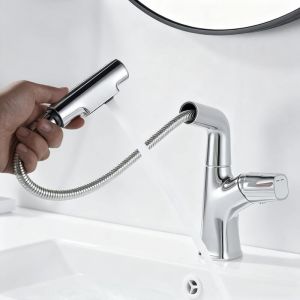 Mitigeur Lavabo avec Douchette Extractible, Robinet Lavabo Salle de Bain Pivotant &agrave; 360&deg;(2 Modes, Bec Hauteur 19 cm, R&eacute;glable en Hauteur, sans Bonde,