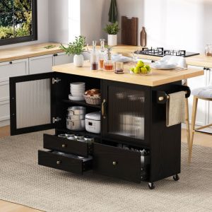 Desserte de cuisine &Icirc;lot mobile, plateau extensible, rangement avec porte verre d&eacute;poli et porte-verres, MDF, 100x42/70x91,5 cm, noir/naturel