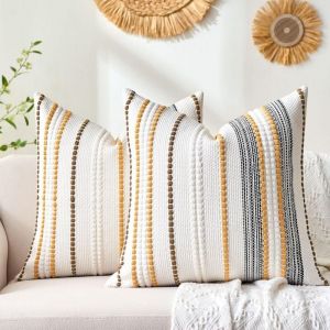 Housses de coussin d&eacute;coratives, 45 x 45 cm, style boh&egrave;me, lot de 2, housses de canap&eacute; ray&eacute;es jaune moutarde pour canap&eacute;, lit, salon, maison