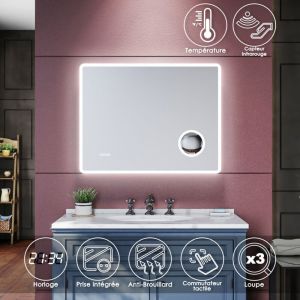 SIRHONA Miroir lumineux de salle de bain, miroir LED mural de 90x70 cm anti-bu&eacute;e avec miroir grossissant 3 fois, prise de courant
