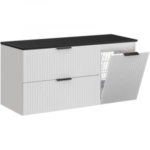 Furnidea - Meuble suspendu sous vasque ADEL BLANC 120 cm avec panier &agrave; linge et plan noir - 2 tiroirs - Fa&ccedil;ades rainur&eacute;es