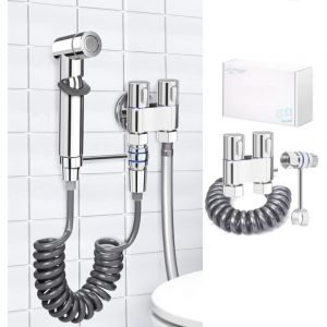 Kit Douchette WC, Douchette Toilette WC avec Vanne 3 Voies (1/2'-3/8'), Poignée Chromée, Douchette WC Kit Complet pour Hygiène Personnelle et