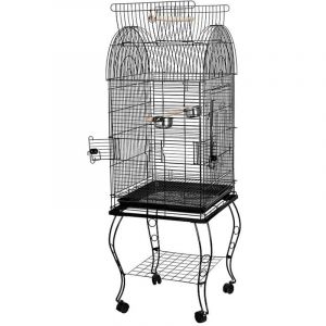 Aqrau Grande Volière Cage Oiseaux Perroquets en Métal et Bois avec 4 Roues Noir