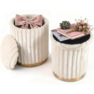 COSTWAY Lot de 2 Pouf Rangement Rond Empilable 32L + 21L, Couvercles Amovibles, Tabouret Coiffeuse en Poils de Lapin, Patins Antid&eacute;rapant, Tabouret