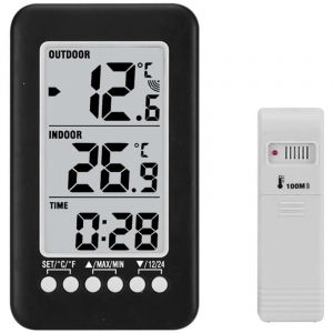 Thermom&egrave;tre int&eacute;rieur et ext&eacute;rieur sans fil 2 en 1, horloge thermom&egrave;tre LCD, mesure de temp&eacute;rature avec transmetteur. Design noir.