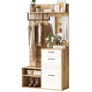 Ensemble entr&eacute;e 100 x 38,5 x 190cm blanc/bois avec armoire, miroir, banc et meuble &agrave; chaussures, &eacute;tag&egrave;re murale - Grand rangement