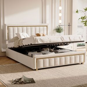 Lit coffre 140x190, lit 140x190 avec sommier, lit adulte, lit double capitonn&eacute;, t&ecirc;te de lit avec motif plaqu&eacute; or, style contemporain, tissu velours,