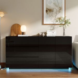 Buffet bas 2 Portes 3 Tiroirs avec LED 160x35x76cm &ndash; Panneaux m&eacute;lamine brillante &ndash; Meuble suspendu moderne noir