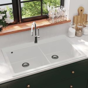Design In - vier de cuisine Lavabo de cuisine Évier à poser encastrable à 2 bacs en granite blanc crème CVW55302
