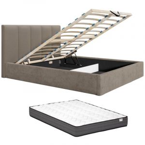 Lit coffre 160 x 200 cm avec tête de lit coutures verticales - Tissu - Taupe - Avec matelas - kilaclo